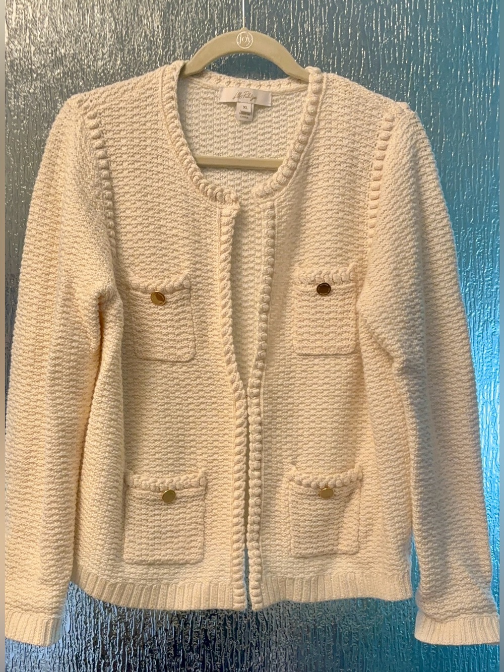 Lilly Pulitzer Cream Textured Knit Pocket Cardigan with Gold Buttons